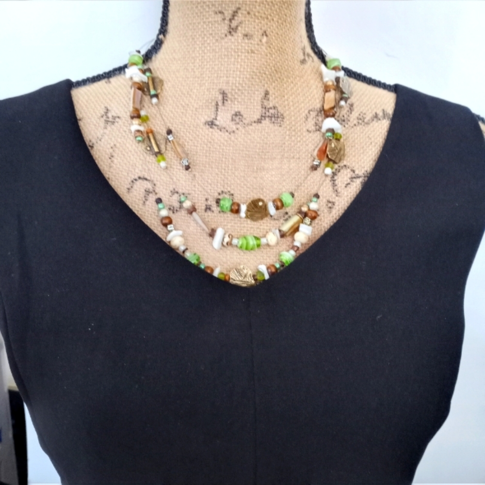 C.C.  Multi-Strand Necklace with Colorful Beads Green Brown Clear